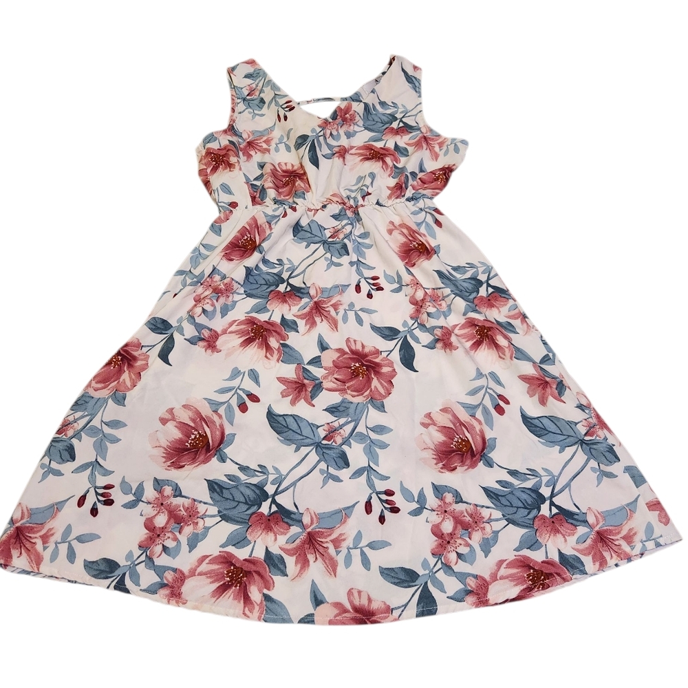 Floral Print V Neck Criss Cross Back Midi Dress Women's Size S/M